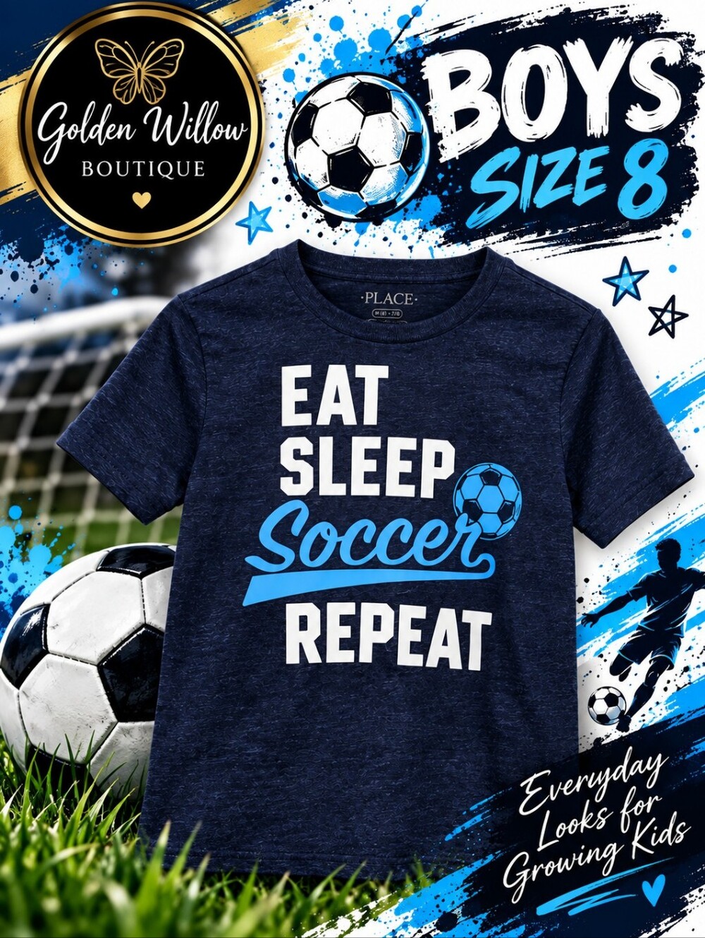 The Children's Place Eat Sleep Soccer Repeat Graphic Tee Boys Size 8
